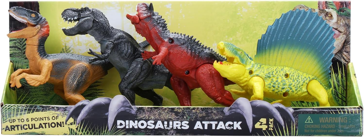 Kid Galaxy: Dinosaur Attack Figures 4pk - T Rex, Carnotaurus, Velociraptor, Dimetrodon - 7" Articulated Dino Set