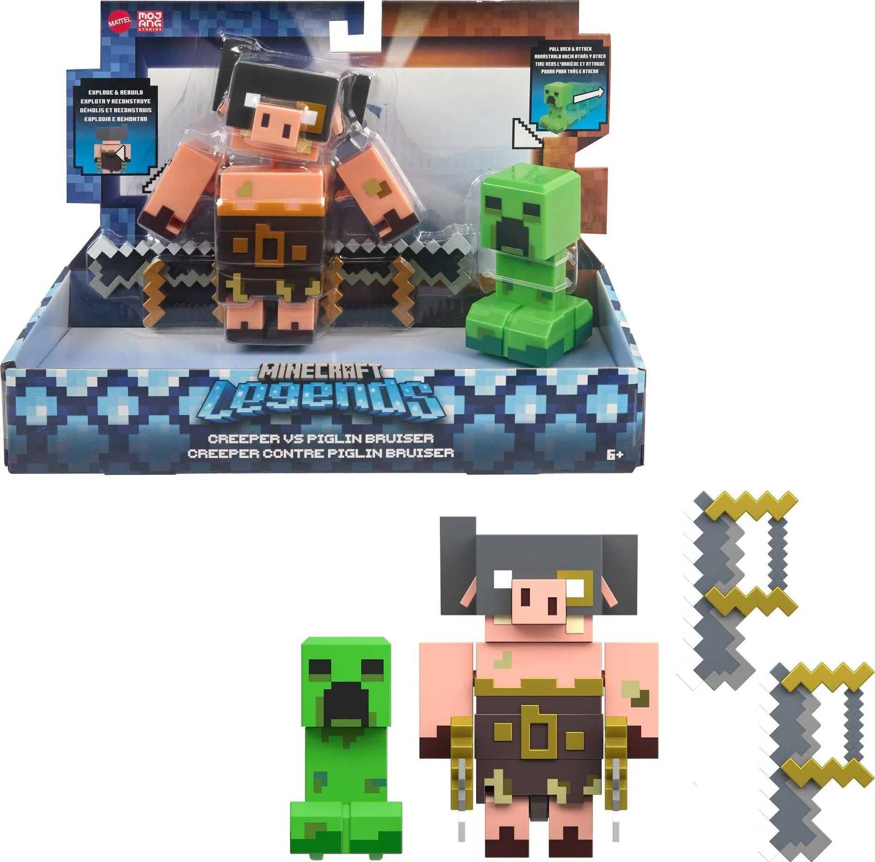Minecraft Legends Action Figure 2-Pack, Creeper vs Piglin Bruiser Set