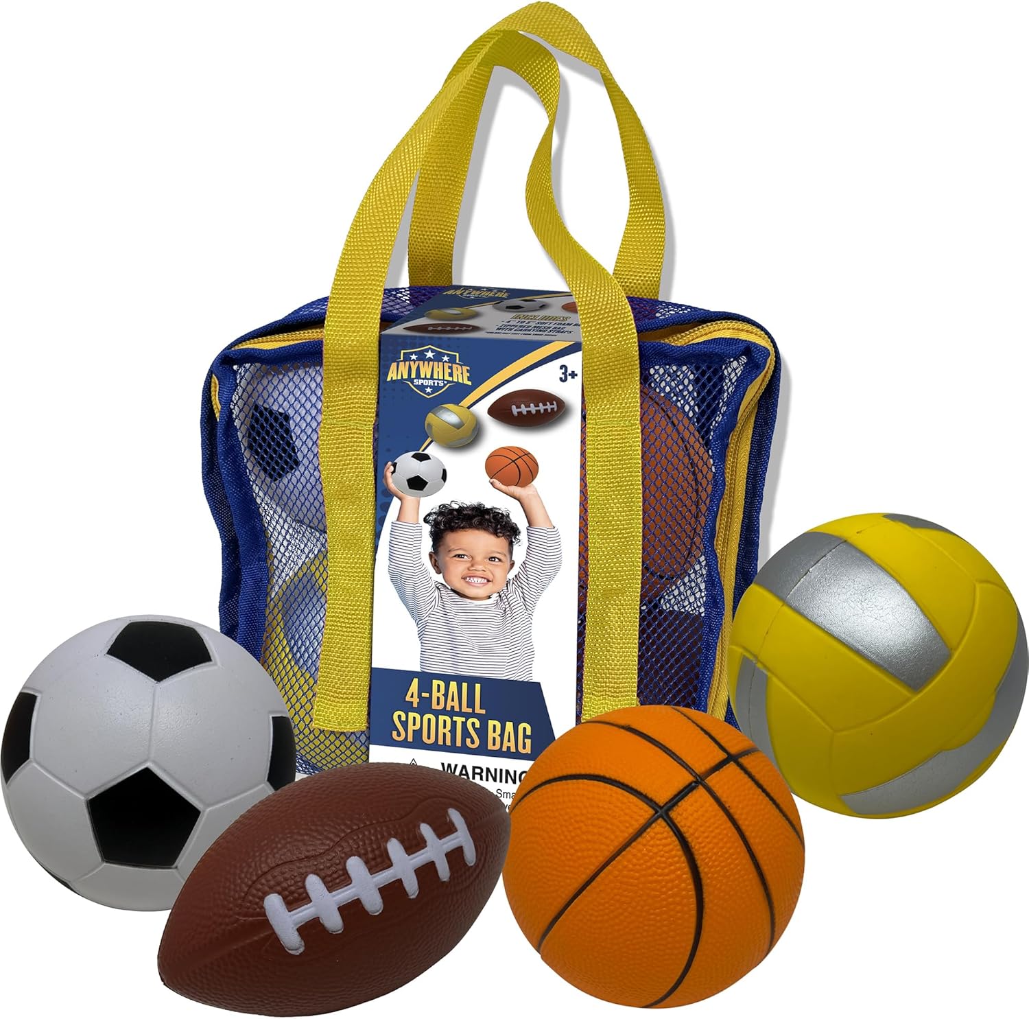 Anywhere Ball Mini 4-Ball Sports Bag - Soft Foam Balls Set for Kids - Basketball, Soccer, Volleyball, Football - Safe Indoor and Outdoor Play