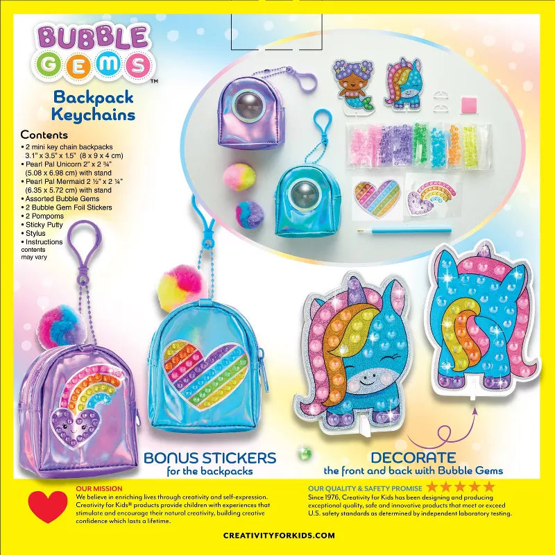 Creativity for Kids Bubble Gem Backpack Keychains: DIY Art Kit with Gems, Key Rings, Stickers