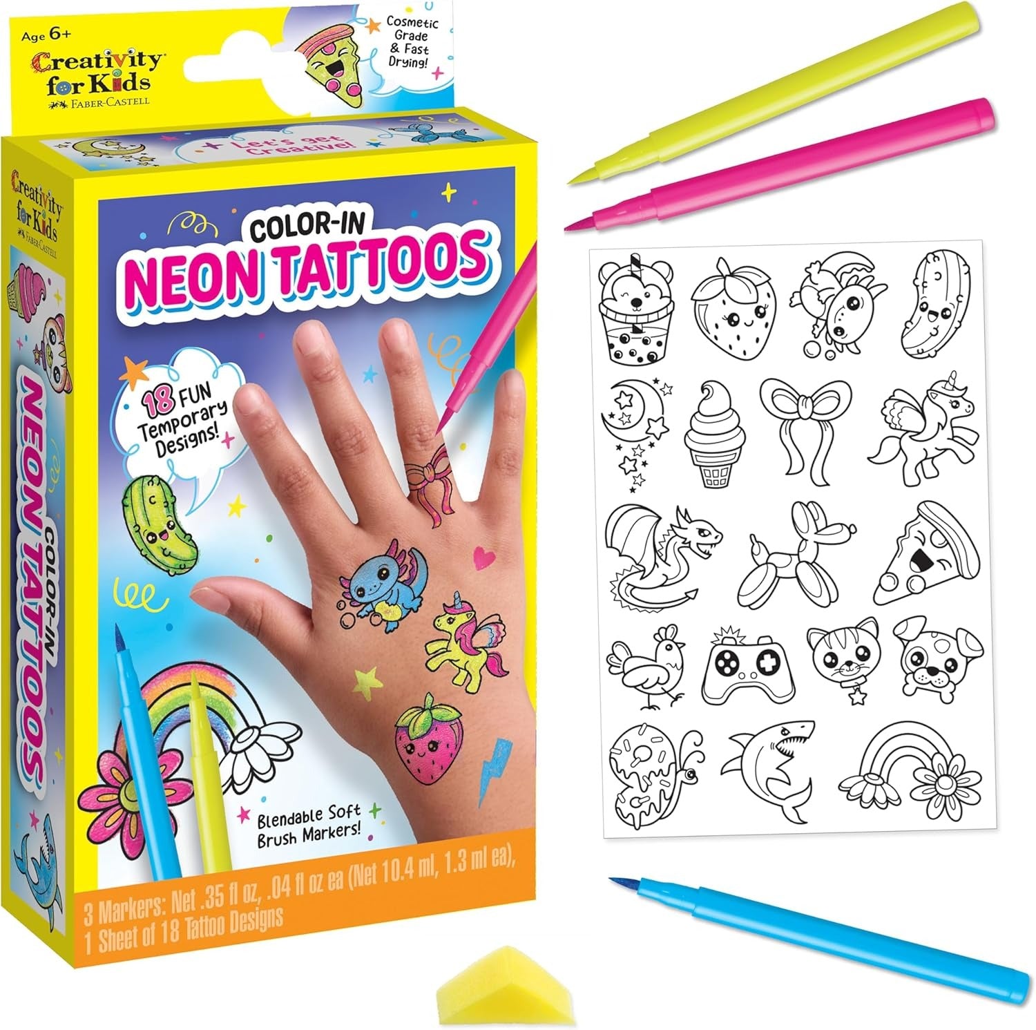 Creativity for Kids Color-In Neon Tattoos Mini Kit | Customize 18 Trendy Designs with Temporary Tattoo Markers