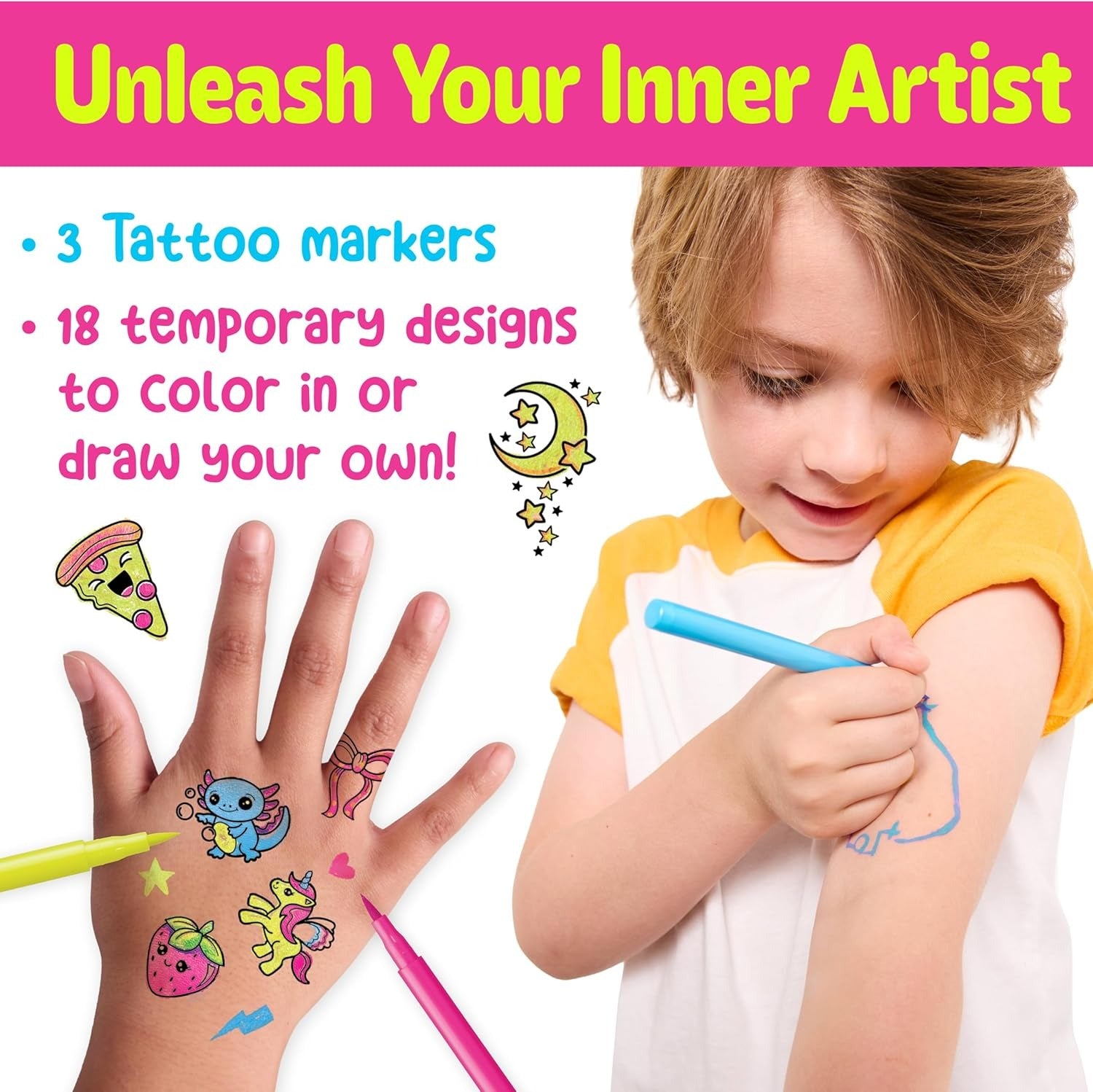 Creativity for Kids Color-In Neon Tattoos Mini Kit | Customize 18 Trendy Designs with Temporary Tattoo Markers
