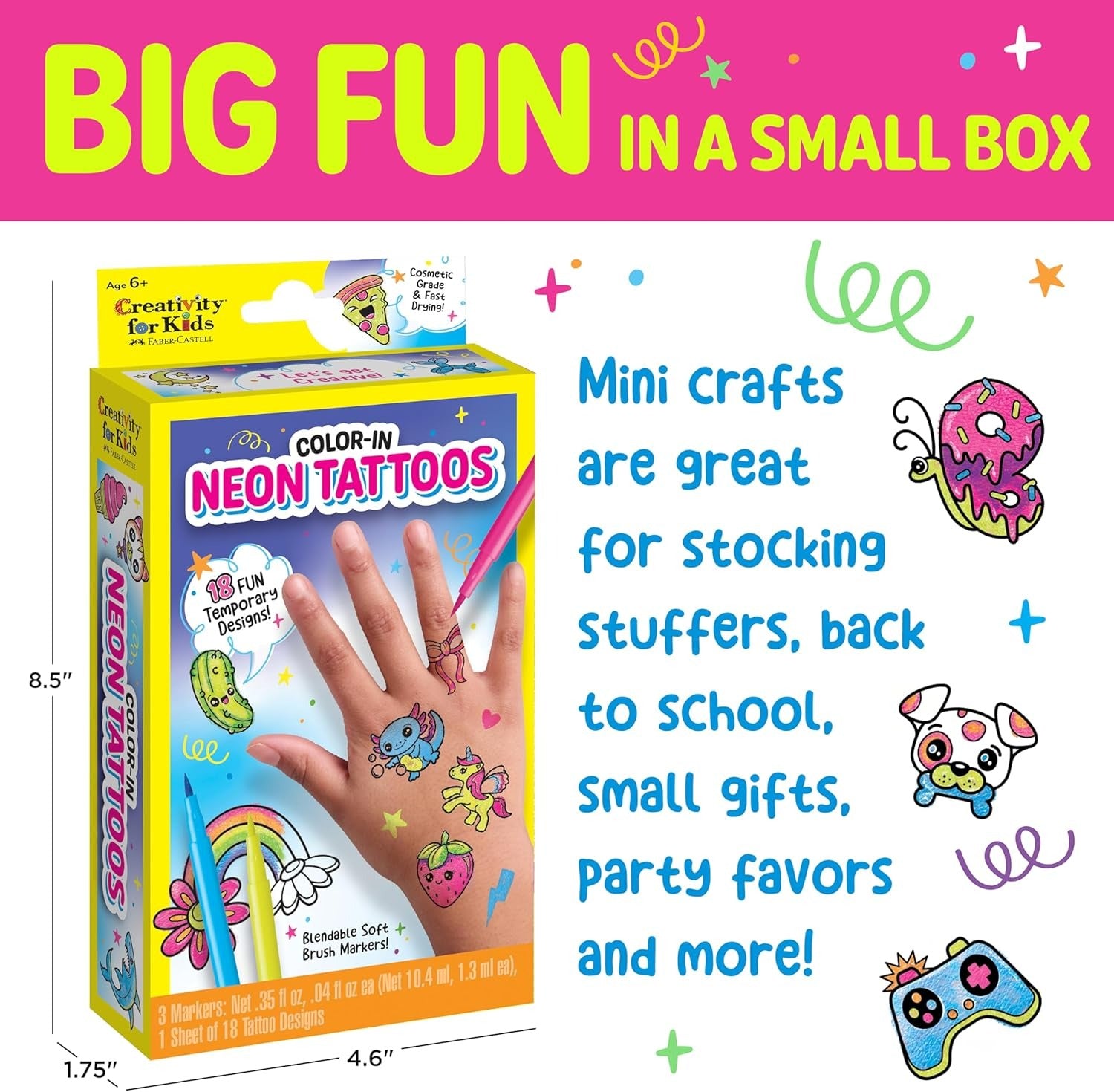 Creativity for Kids Color-In Neon Tattoos Mini Kit | Customize 18 Trendy Designs with Temporary Tattoo Markers